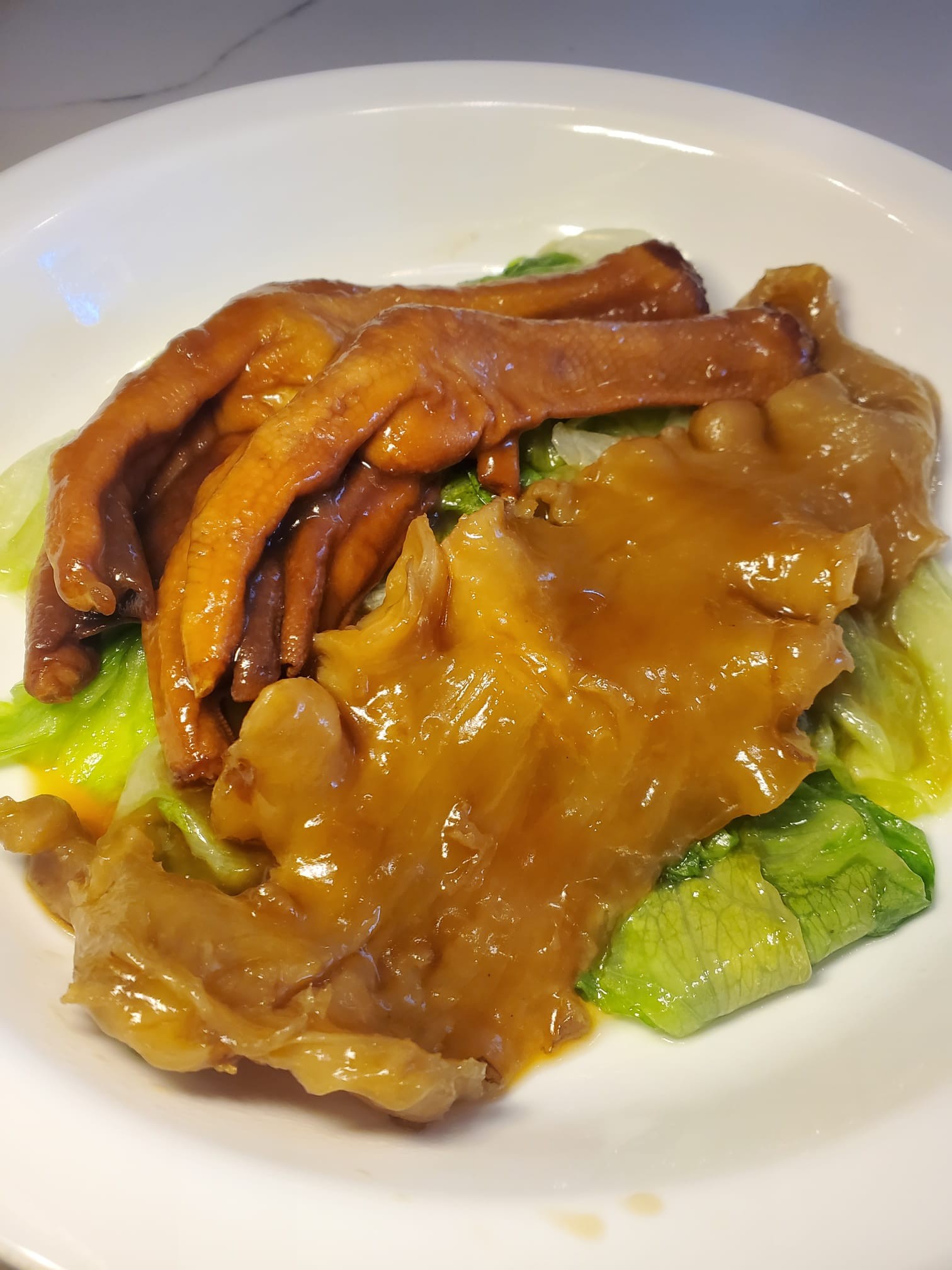 Braised Goose Webs and Fish Maw in Abalone Sauce ( No added MSG)